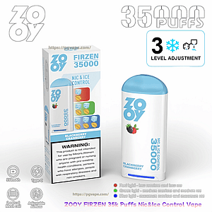 White-and-blue Zooy Firzen disposable vape device standing next to its matching box on a white background, labeled '35000' and 'NIC & ICE CONTROL' with a '3 level adjustment' snowflake icon, flavor 'Blackberry Cranberry', a visible warning label, and small icons for Type‑C and 550mAh.