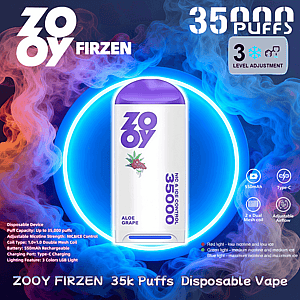 Promotional image of a white-and-purple ZOOY Firzen disposable vape labeled 35,000 puffs and Aloe Grape flavor, shown front-and-center with surrounding blue and orange vapor and icons noting 550mAh battery, Type-C charging, dual mesh coils, adjustable airflow and three-level ice/nicotine adjustment.