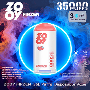 White and pink ZOOY Firzen disposable vape centered against a blue and purple smoky background with a neon ring, featuring the ZOOY logo, a strawberry–watermelon icon and large 35,000 puff label, with small icons and text noting 3-level cooling adjustment, 550mAh Type‑C charging, dual mesh coils and adjustable airflow.