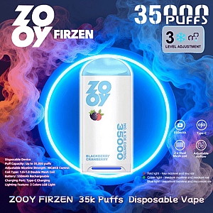 White-and-blue Zooy Firzen disposable vape device centered in a glowing blue ring against purple and orange vapor, labeled Blackberry Cranberry and 35,000 puffs with icons noting 3-level ice/nicotine adjustment, 550mAh Type-C charging, dual mesh coils and adjustable airflow.