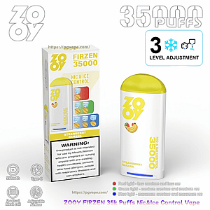 White-and-yellow ZOOY Firzen 35000 disposable vape next to its box, featuring '35000 puffs' branding, strawberry-banana flavor artwork, 'Nic & Ice Control' text, a three-level ice adjustment snowflake icon, a warning label on the box, and small icons for 550mAh, Type-C charging, dual mesh coils and adjustable airflow.