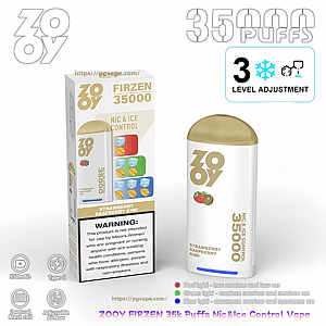 White-and-gold ZOOY Firzen disposable vape and its box displaying '35000' puffs, strawberry-raspberry-kiwi flavor icons, a 3-level ice control graphic, a blue LED strip on the device, and warning text on the packaging.