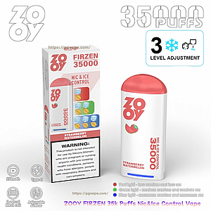 Product photograph of a white-and-red ZOOY Firzen 35000 disposable vape and its matching box showing '35,000 puffs,' 'NIC & ICE CONTROL,' strawberry watermelon flavor, a three-level ice adjustment icon, battery and feature icons, and a warning label.