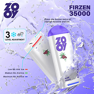 Two white and purple ZOOY Firzen 35000 disposable vape devices—one with a purple cap and 'ALOE GRAPE' label and the other angled to show a control button—set against a lavender icy splash background with overlay text about pressing the button twice to change nicotine and ice and a '3 level adjustment' legend showing low (red), medium (green), and maximum (blue) settings.