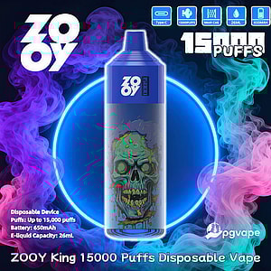 Blue ZOOY disposable vape centered inside a neon blue ring, featuring a dripping green skull illustration on its body and surrounded by purple and teal vapor clouds, with prominent text '15000 puffs' and small icons indicating Type-C, mesh coil, 26mL e-liquid and 650mAh battery.