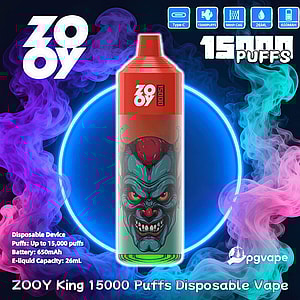 Promotional image of a red disposable vape centered inside a glowing blue neon ring, showing a menacing green-faced clown illustration on the device, surrounded by purple and teal vapor clouds with bold text advertising 15,000 puffs and product specs.