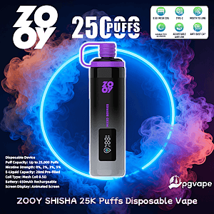 Cylindrical black-to-silver disposable vape with a purple cap and small digital screen centered inside a neon blue ring and colorful smoke, accompanied by a large ZOOY logo, bold "25,000 puffs" headline, feature icons at top right, and the product name and specs along the bottom and left edges.