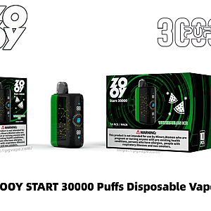 ZOOY START 30000 Puffs Disposable Vape in Watermelon Iceの製品ショット。LEDディスプレイ付きの黒と緑の長方形のVAPEデバイス、その単一小売ボックス、および一致する緑色の渦巻きグラフィック、ブランドロゴ、目に見える健康上の警告が入った10パック入りカートンを示しています。.
