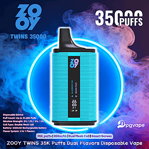 Turquoise ribbed ZOOY Twins disposable vape with black mouthpiece and vertical smart screen showing dual flavors, set against a neon blue halo and swirling purple-blue vapor with large "35K puffs" text.
