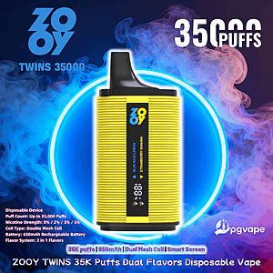 Yellow ribbed ZOOY Twins disposable vape with a black mouthpiece centered in a glowing blue circle against swirling blue and purple vapor, surrounded by text and logos announcing 35K puffs, dual flavors, 650mAh battery and other product specs.