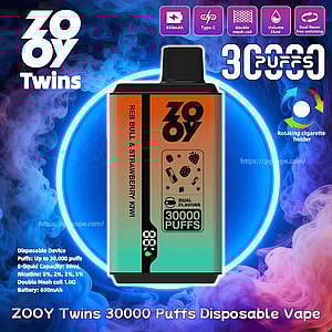 Image promotionnelle d'un vapoteur jetable ZOOY Twins montrant un appareil à dessus noir avec un corps dégradé orange à vert étiqueté REB BULL & STRAWBERRY KIWI et DUAL FLAVORS 30000 PUFFS, sur un fond bleu-violet fumé avec un anneau lumineux et des icônes mettant en évidence une batterie de 650 mAh, une charge de type C, une capacité de 35 ml et une bobine à double maille.