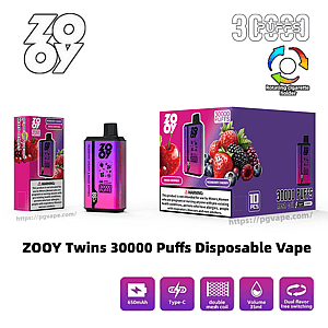 Photo du produit de vapotage jetable ZOOY Twins 30 000 Puffs montrant un seul appareil rose-violet et une boîte de vente au détail violette assortie étiquetée 