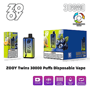 Présentation du produit pour la vape jetable ZOOY Twins 30000 Puffs montrant un petit appareil rectangulaire et deux boîtes de saveurs (Blueberry Ice et Triple Melon) avec le logo ZOOY, un graphique de support rotatif, un texte d'avertissement et des icônes pour une batterie de 650 mAh, une charge de type C, une bobine à double maille, un volume de 35 ml et une commutation à double saveur.