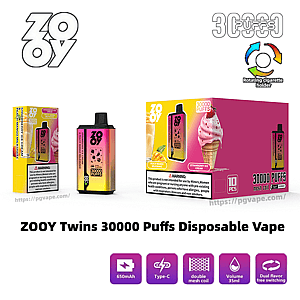 Image promotionnelle montrant la vape jetable Zooy Twins : deux appareils rectangulaires dégradés de rose à jaune et une boîte rose assortie étiquetée 30 000 bouffées avec des saveurs de glace à la fraise et de milkshake à la pêche et à la mangue, le logo de la marque, un texte d'avertissement et des icônes de fonctionnalité pour 650 mAh, une charge de type C, une bobine à double maille, un volume de 35 ml et une commutation à deux saveurs.