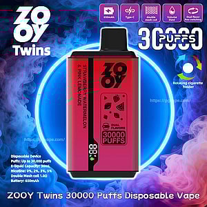 Appareil de vape jetable ZOOY Twins rouge avec un embout noir étiqueté Strawberry Watermelon & Pink Lemonade et marqué Dual Flavours 30000 PUFFS avec un petit affichage numérique de la batterie, centré à l'intérieur d'un anneau néon bleu brillant contre la fumée bleu-violet et entouré d'icônes pour 650 mAh, charge de type C, bobine à double maille, capacité de 35 ml et texte du nom du produit.