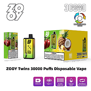 Publicité pour la vape jetable ZOOY Twins 30 000 Puffs montrant deux appareils de vape vert-jaune et un emballage en boîte de 10 pièces comportant des images de saveurs de pomme et d'ananas-noix de coco, des logos de la marque, une icône de porte-cigarette rotatif, un texte d'avertissement et des icônes de fonctionnalité pour la batterie de 650 mAh, une charge de type C, une bobine à double maille, un volume de 35 ml et une commutation à double saveur.