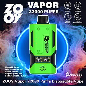 Green ZOOY disposable vape device labeled “22000 puffs” centered on a neon blue circular background with swirling pink and blue vapor and small icons indicating LED display, double mesh coil, 650mAh battery and Type‑C fast charging.