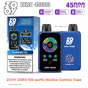 Blue Zooy Zero 45000 'Blueberry Ice' disposable vape and matching box, showing a colorful circular screen with snowflake icons and text labeling 45,000 puffs, Nic&Ice control, dual mesh coil, 1000mAh battery and a health warning.
