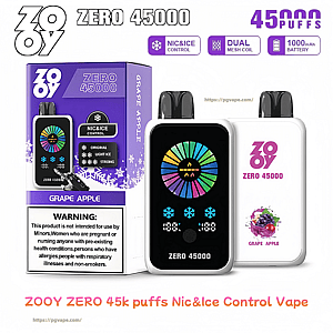 Purple boxed packaging and two white ZOOY Zero 45000 vape devices labeled Grape Apple, showing a colorful circular display, blue snowflake icons, 'ZERO 45000' text and icons for Nic&Ice control, dual mesh coil and 1000 mAh battery, with a warning panel on the box.