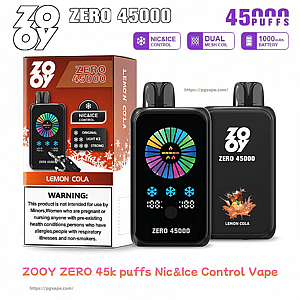 Product shot of Zooy Zero 45000 disposable vape showing a boxed Lemon Cola flavor and two black devices—one front-facing with a colorful circular LED display and ice-level icons, the other showing the ZOOY ZERO 45000 logo and lemon-cola splash art; packaging and header text advertise 45,000 puffs, Nic&Ice control, dual mesh coil and 1000 mAh battery, and a prominent warning label.