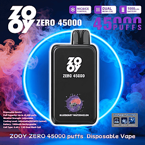 Black ZOOY Zero 45000 disposable vape device with logo and small blueberry-watermelon flavor graphic centered in a glowing blue ring against swirling purple and blue smoke, with bold “45,000 puffs” text and icons for NIC&ICE control, dual mesh coil and 1000mAh battery.