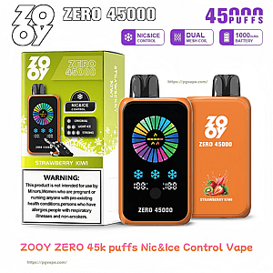 Product shot of an orange ZOOY ZERO 45000 disposable vape next to green Strawberry Kiwi packaging, featuring a colorful circular LCD display, icons for Nic & Ice control, dual mesh coil and 1000mAh battery, and prominent 