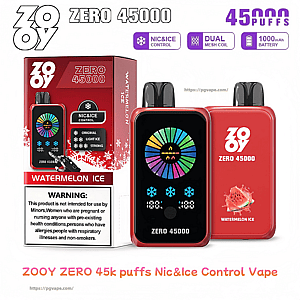 Red ZOOY Zero 45000 vape device with black mouthpiece and colorful circular display shown next to its matching 'Watermelon Ice' box, highlighting '45,000 puffs', Nic&Ice control icons, a watermelon graphic, and a warning label.