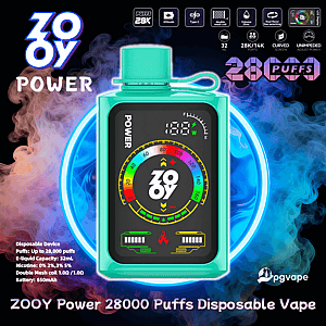 Teal rectangular ZOOY Power disposable vape centered on a neon ring with a colorful digital display showing the ZOOY logo, multicolored power dial and battery indicators, set against blue and purple smoke and surrounded by text and icons advertising 28,000 puffs, 32 mL capacity and other product specs.