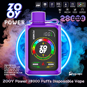 Purple rectangular ZOOY Power disposable vape with a top mouthpiece and strap, a front digital screen featuring a colorful circular gauge, battery icons and logo, shown against swirling blue and orange smoke with 28K puffs and product details around it.