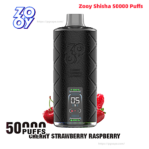 Black textured Zooy Shisha disposable vape device with a translucent mouthpiece and a small digital display reading '05' and battery icons, shown standing with cherry, strawberry and raspberry fruits at its base and '50,000 puffs' text nearby.