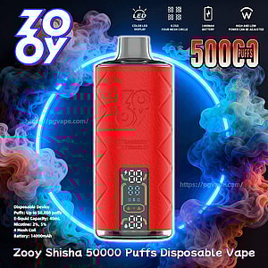 Promotional poster showing a red Zooy disposable vape with a front LED display centered against a glowing blue neon ring and swirling multicolored vapor, with large text promoting 'Zooy Shisha 50000 Puffs Disposable Vape' and smaller specs noting 40mL e‑liquid capacity, up to 50,000 puffs and a 14000mAh battery.