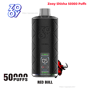 Black textured Zooy Shisha disposable vape device with a small digital display reading '05', Red Bull branding and a red bull logo beside '50,000 puffs' text on a white background.