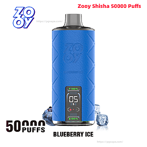Blue Zooy Shisha disposable vape device with a small digital display showing '05' and battery icons, pictured with blueberries and ice cubes and text indicating 50,000 puffs and the flavor Blueberry Ice.