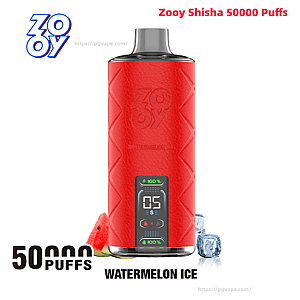 Red Zooy Shisha disposable vape with a textured exterior and small digital display, labeled Watermelon Ice, shown with a watermelon slice, ice cubes, and 50,000 puffs branding