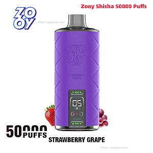 Purple Zooy Shisha disposable vape with textured casing and metallic mouthpiece, small front digital screen showing 05 and full battery, labeled 50,000 puffs and Strawberry Grape with strawberry and grape illustrations