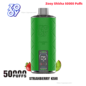 Green Zooy Shisha disposable vape with a leather-textured body and transparent mouthpiece, front digital display showing settings, labeled Strawberry Kiwi and shown with strawberry and kiwi fruit images and 50,000 puffs branding