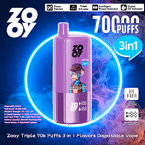 Purple ZOOY disposable vape device centered against blue and purple smoky background with a neon ring, labeled 70,000 puffs and 3in1, featuring a cartoon monkey and ‘strawberry kiwi’ flavor art plus small icons and product specifications around the edges.