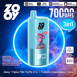 Light blue ZOOY disposable vape device labeled Strawberry Ice with a cartoon ape graphic, prominent 70,000 puffs and 3in1 callouts on a neon blue-purple smoky background and small icons for triple 0.9Ω coils, rechargeable battery and display screen