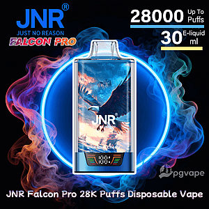 Disposable JNR Falcon Pro vape device featuring eagle artwork centered on a blue glowing circular background with swirling colorful smoke, labeled ‘28000 Up To Puffs’ and ‘30 ml’ e-liquid.