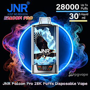 Front-facing JNR Falcon Pro disposable vape device featuring an eagle illustration and a small digital display, centered inside a glowing blue ring with swirling red and blue smoke and product text indicating 28,000 up to puffs and 30 ml e-liquid.