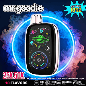 Sleek metallic-edged disposable vape with a black front panel displaying neon space-themed illustrations (UFO, planets, moon) and a circular fingerprint touch control, set against a blue-purple neon smoke ring backdrop with the mr.goodie logo and product text indicating dual mode and 25K/50K puffs.