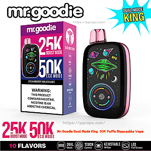 Förpackning och rosakantad Mr. Goodie Dual Mode King engångsvape märkt 25K boost/50K eco puffs, jordgubbsmilkshakesmak, som visar en svart enhet med en färgglad UFO/space-grafisk och cirkulär LED-pekskärm, plus en nikotinvarning på lådan.