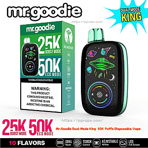 Gröntrimmad Mr. Goodie Dual Mode King engångsvape med en färgglad frontdisplay med UFO-tema bredvid den gröna rutan märkt '25K Boost Mode 50K Eco Mode' och en nikotinvarning, med reklammärken för 'Dual Mode King', '10 smaker' och funktionsikoner.