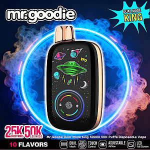 Svart, guldkantad Mr. Goodie engångsvape-enhet centrerad mot en neonblå rökring, med en färgglad frontpanel med rymdtema med ett grönt UFO, planeter och måne, en flerfärgad cirkulär touchkontroll och produktlogotyper/text (Dual Mode King, 25K/50K, 10 Flavors) runt den.