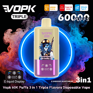 Gold-and-purple VOPK Triple disposable vape centered in a neon blue ring, featuring a steampunk blue lion label reading Raspberry Watermelon, set against swirling red and blue smoke with on-image text noting 60,000 puffs, 3-in-1 flavors and a 650mAh Type-C battery.