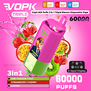 Jasnoróżowa reklama przedstawiająca różowo-zielony jednorazowy waporyzator VOPK z maskotką lwa i obrotowym ustnikiem, otoczona obrazami kiwi, marakui, truskawek i wiśni oraz pogrubionym tekstem z informacją: 60 000 zaciągnięć i potrójnych smaków 3 w 1.