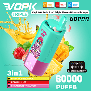 Turkusowo-różowy Potrójny jednorazowy waporyzator VOPK z ilustracją rysunkowego lwa i obrotowymi strzałkami na ustniku, wyraźnym napisem “60000 zaciągnięć”, owocami o smaku (banan, ananas, mango, truskawka) i etykietą zawierającą listę trzech smaków (Banana Ananas, Red Bull Ice, Strawberry Mango) wraz z ikonami zaciągnięć 60 tys., wyświetlaczem typu C o pojemności 650 mAh i e-liquidem.