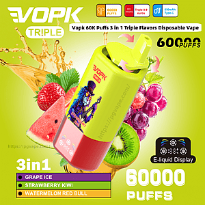 Jasno-limonkowo-zielony i czerwony Potrójny jednorazowy waporyzator VOPK pochylony do przodu z grafiką animowanego rocker-wilka, otoczony truskawkami, arbuzem, kiwi i winogronami oraz pogrubionym tekstem reklamującym 60 000 ptysi i smaków 3 w 1 (lód winogronowy, kiwi truskawkowe, czerwony byk arbuzowy) na żółto-zielonym tle.