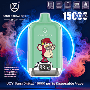 Mint-green disposable vape device labeled STRAWBERRY.KIWI centered against a glowing blue ring and swirling pink-and-blue smoke, showing a cartoon monkey wearing a fez and striped shirt, a digital 99% battery display, and text advertising 15,000 puffs and product specs.