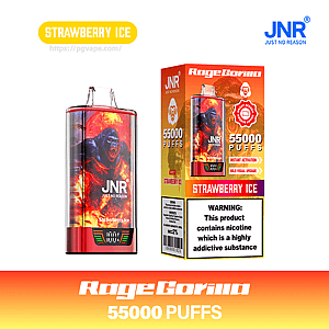 Jednorazowe urządzenie do waporyzacji JNR RageGorilla Strawberry Ice i pasujące pudełko z grafiką ryczącego goryla, widocznym brandingiem '55000 PUFFS', etykietą o smaku lodu truskawkowego i etykietą ostrzegającą o nikotynie.